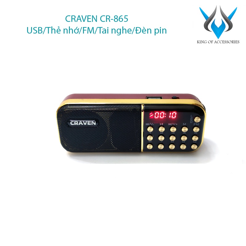 Loa đài FM Craven CR-865 hỗ trợ Thẻ nhớ/ USB/ Tai nghe/ Đèn pin - dùng pin rời 18650 (Đen đỏ) Phụ kiện 1986