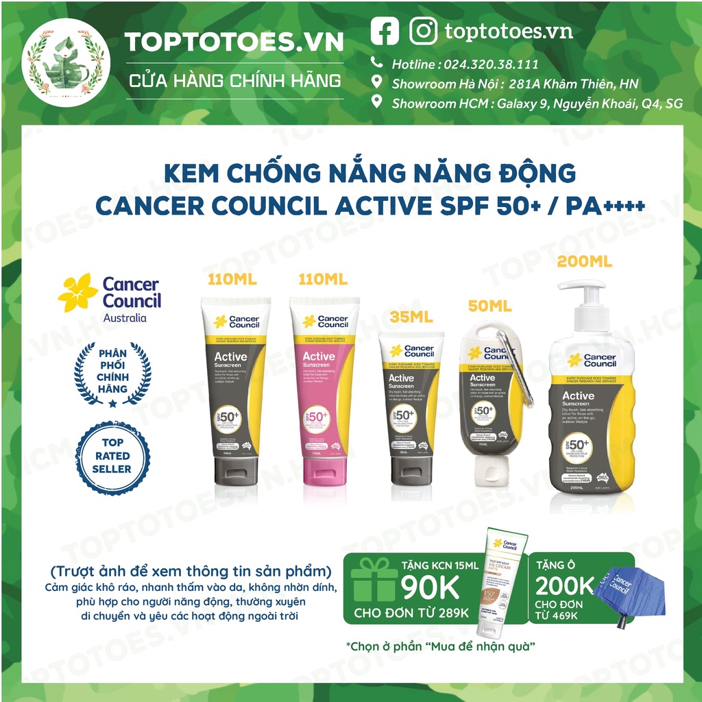 Kem chống nắng Năng động Cancer Council Active SPF 50+/ PA ++++