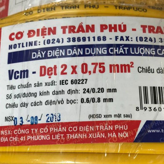 Cuộn 100 mét dây dẫn điện Trần Phú bọc dẹt 2x0.75 - Dây Trần Phú 41 Phương Liệt