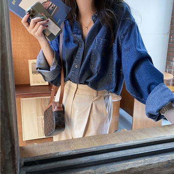 Áo sơ mi denim tay dài có túi phong cách Hàn Quốc cho nữ