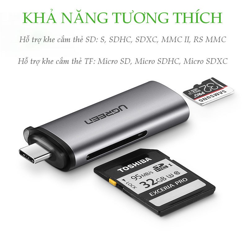 Đầu đọc thẻ USB Type-C với 2 khe thẻ cắm SD và OTG UGREEN CM184 - Hàng phân phối chính hãng - Bảo hành 18 tháng | WebRaoVat - webraovat.net.vn