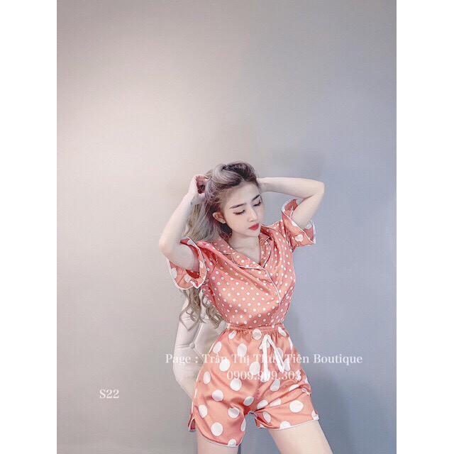 Bộ ngủ lụa chấm bi tay cộc quần đùi nopi shop | BigBuy360 - bigbuy360.vn