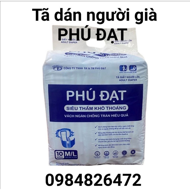 Bỉm tã dán người lớn 10 miếng PHÚ ĐẠT có vách chống tràn 2 bên size M /L từ 40_80kg dùng siêu thấm kháng khuẩn 68_120cm