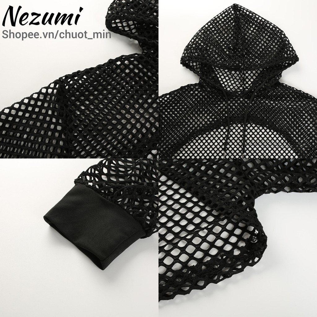 Áo croptop hở ngực ren lưới có mũ, áo tập nhảy cá tính sexy