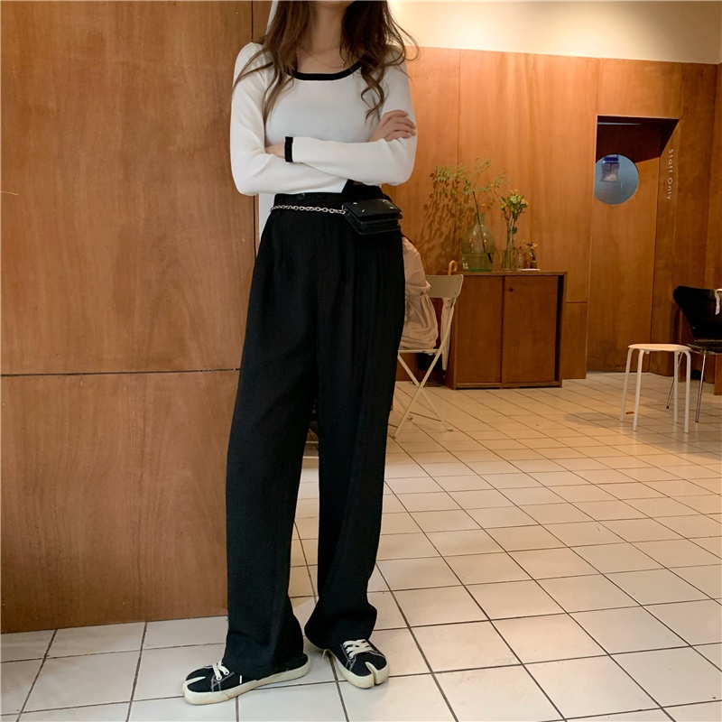 SUXI Quần Dài Lưng Cao Ống Rộng Phong Cách Vintage Hàn Quốc