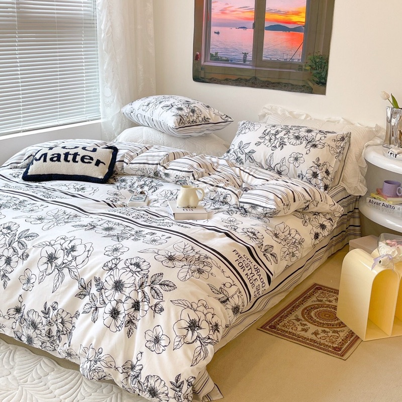 Bộ Chăn Ga Gối Cotton Living Hàng Nhập Khẩu Cao Cấp 4 Món Phong Cách Nhẹ Nhàng Đơn Giản