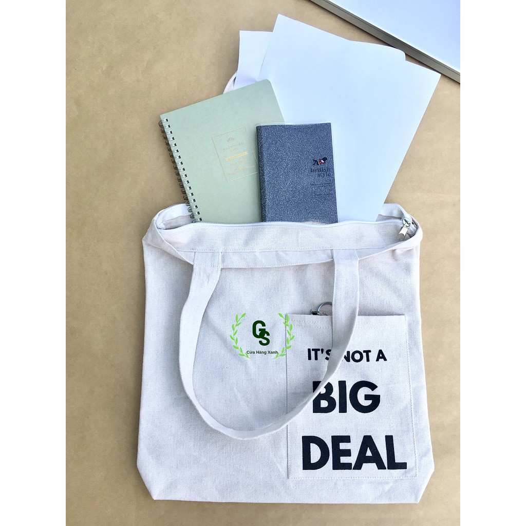Túi Tote Vải Canvas Có Khóa &amp; 2 Túi Nhỏ - Tặng kèm Móc Khóa Túi Dễ Thương