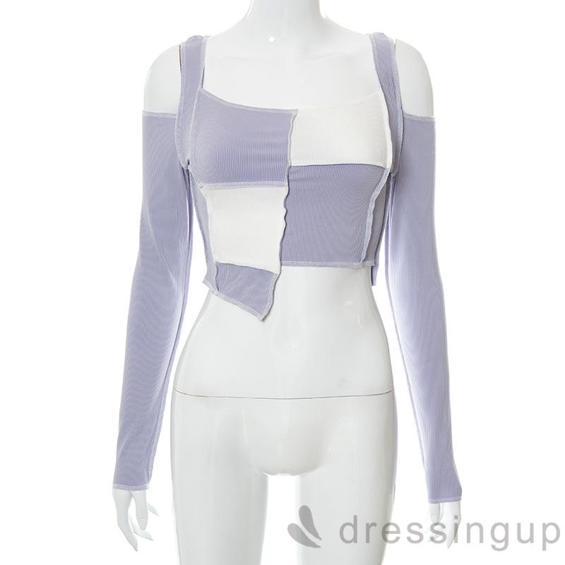 Đầm Tay Dài Hở Vai Màu Tương Phản Thời Trang Cho Nữ