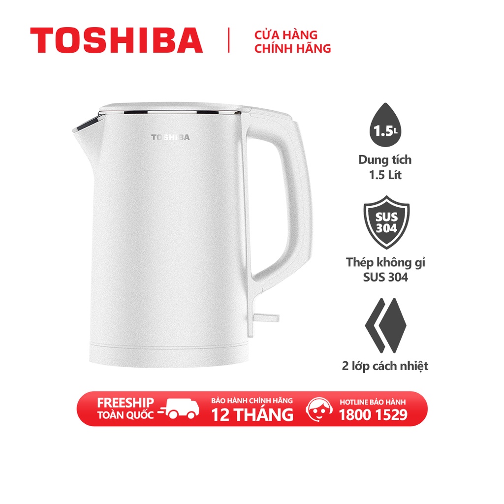 Bình đun siêu tốc Toshiba KT-15DS1PV - 1.5L - Inox 304 - Hàng chính hãng, bảo hành 12 tháng, chất lượng Nhật Bản