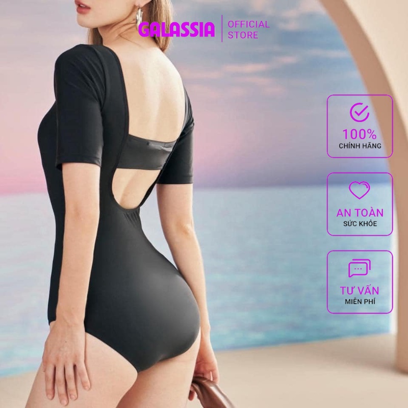Đồ bơi nữ liền thân bikini 1 mảnh tay ngắn khoét lưng dây ngang kín đáo GALASSIA