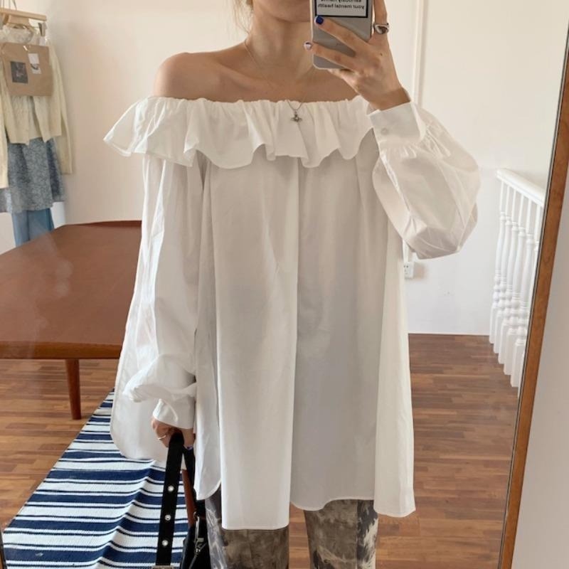 Áo Sơ Mi Nữ Dáng Rộng Tay Dài Hở Vai Thiết Kế Xẻ Tà