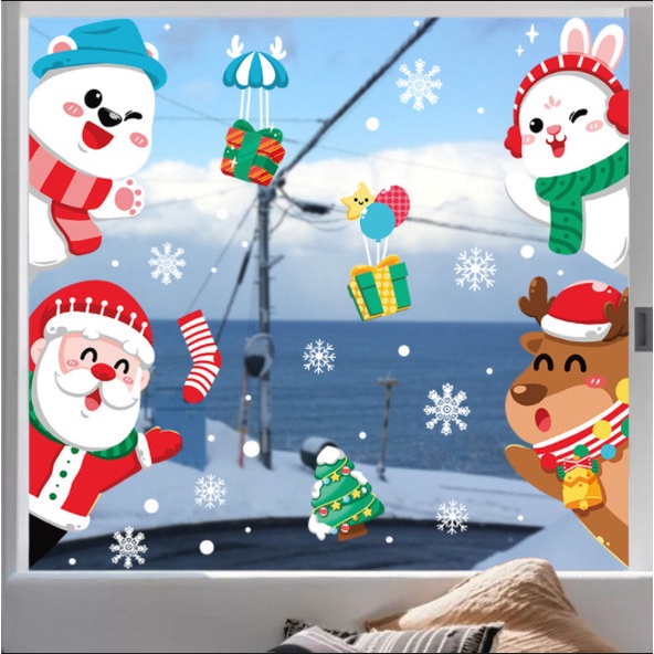 Decal dán tường Noel Hít Tĩnh Điện không Dơ Kính - Tuần lộc thỏ trắng cùng noel chào giáng sinh