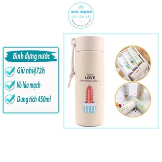 Bình đựng nước lõi thủy tinh họa tiết xương rồng dễ thương dung tích 450ml.