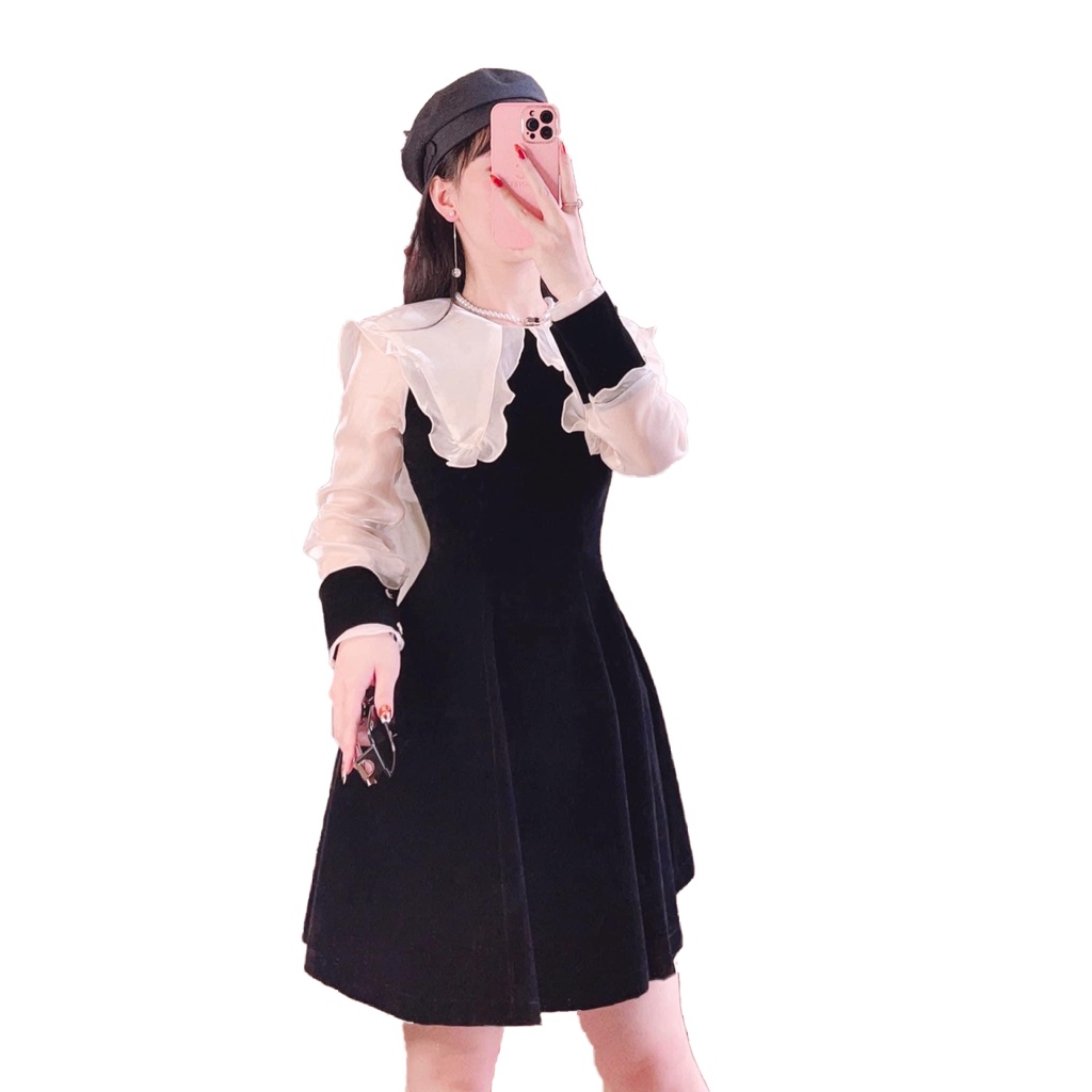 Váy nhung đen phối tay cổ organza DVC-maidieuhuyen MH C0 J0 V2251