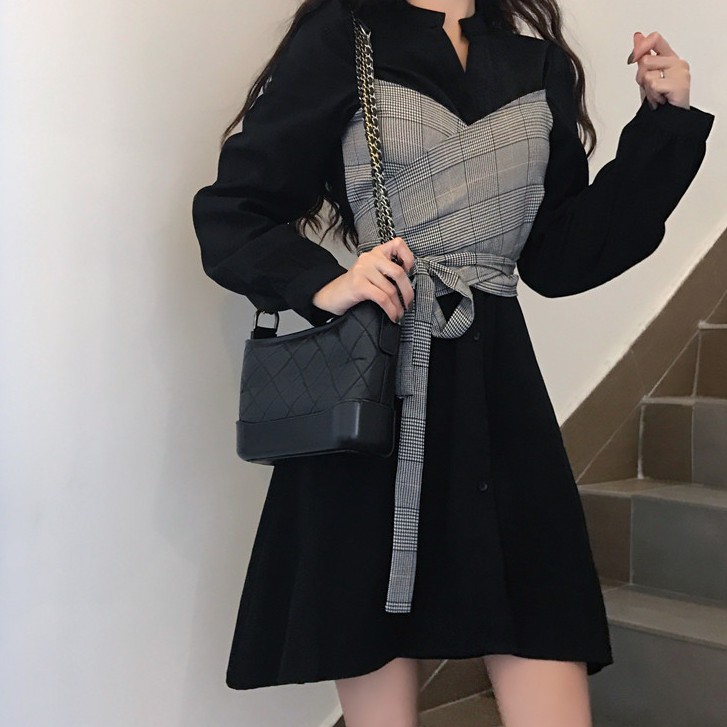 Xiaozhainv Đầm tay dài eo cao thời trang phong cách Hàn Quốc