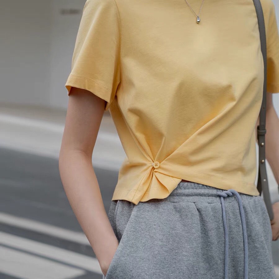 Áo Thun Tay Ngắn Cổ Tròn Dáng Rộng Cài Nút Màu Trơn Thời Trang Mùa Hè Hàng Mới Phong Cách Hàn Quốc Dành Cho Bạn Nữ 2022