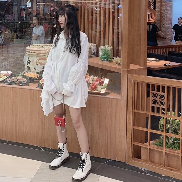 Váy sơ mi nữ form rộng nhún màu trắng