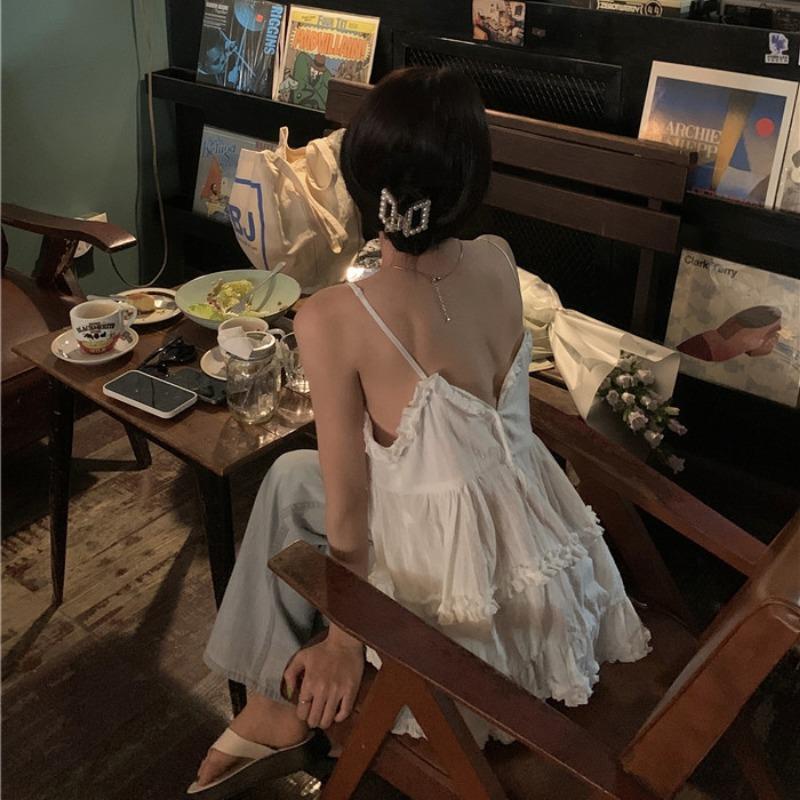 Phong Cách Mới Cao Cấp Áo Hai Dây Màu Trắng Trơn Phong Cách Desire Mặc Ngoài Trời Đẹp Mắt Thiết Kế Bán Chạy Cho Nữ Niche