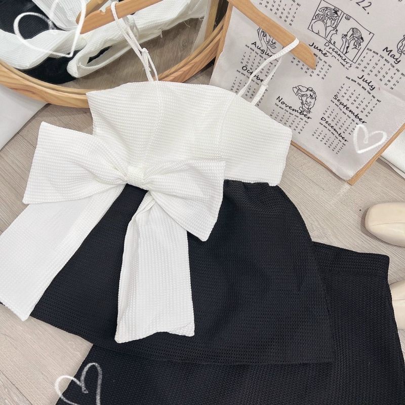 Set xốp 2 dây phối trắng đen nơ eo