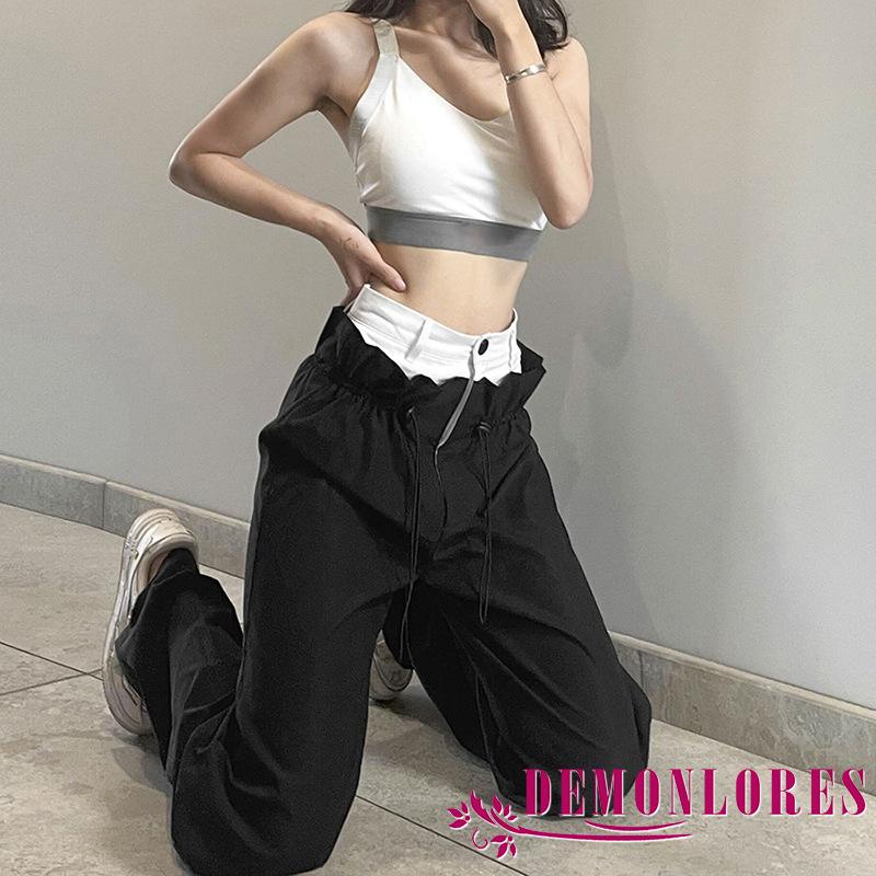 Quần Dài Lưng Cao Ống Rộng Màu Đen Phối Dây Rút Phong Cách Hàn Quốc Thời Trang Cho Nữ