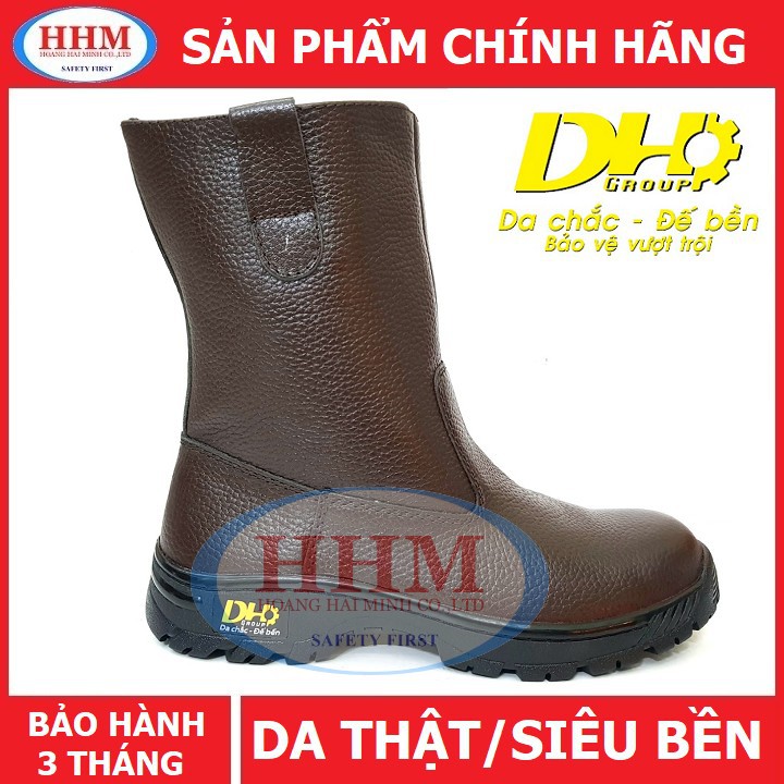 Ủng da bảo hộ DH màu nâu, da thật siêu bền, đế và mũi lót thép, đế cao su chịu nhiệt, chống tia lửa hàn