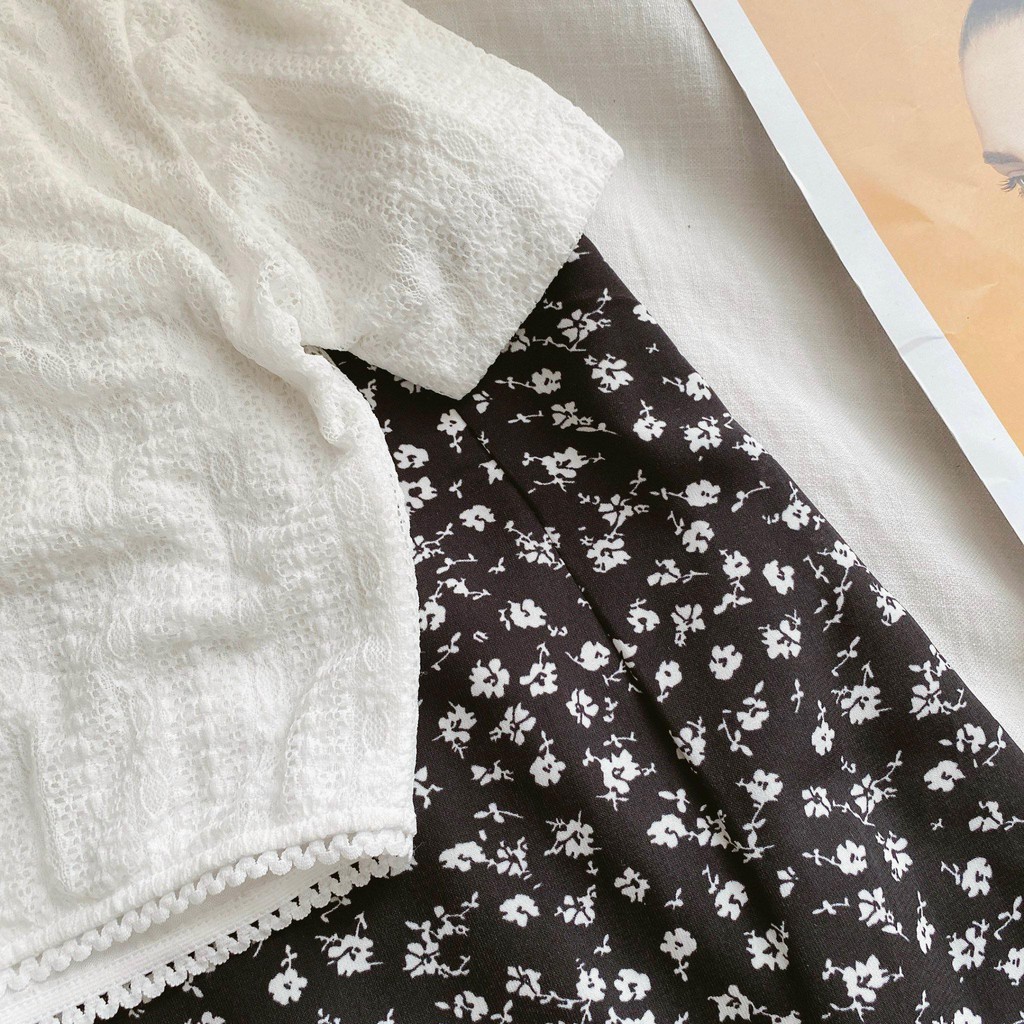 SET ÁO CROPTOP TRẮNG VIỀN REN + CHÂN VÁY MIDI HOA CÚC | BigBuy360 - bigbuy360.vn