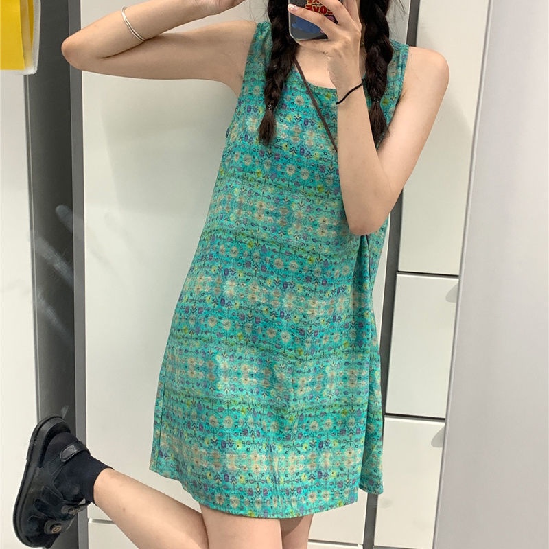 Đầm Sát Nách Cổ Tròn Form Rộng In Họa Tiết Hoa Phong Cách retro Hàn Quốc