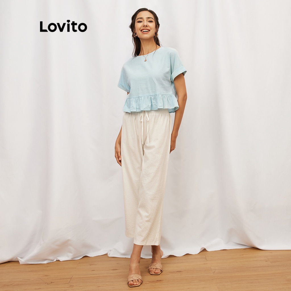 Áo kiểu Lovito viền ren tay ngắn cổ tròn màu trơn đáng yêu L19D093 (Màu xanh dương)