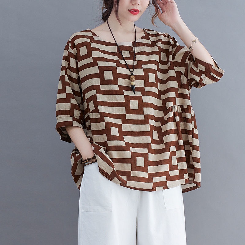 Áo Sơ Mi Cotton Lanh Cổ Tròn Tay Ngắn Dáng Rộng In Họa Tiết Hoa Phong Cách Dân Tộc Thời Trang Hàn Quốc Cho Nữ 2021