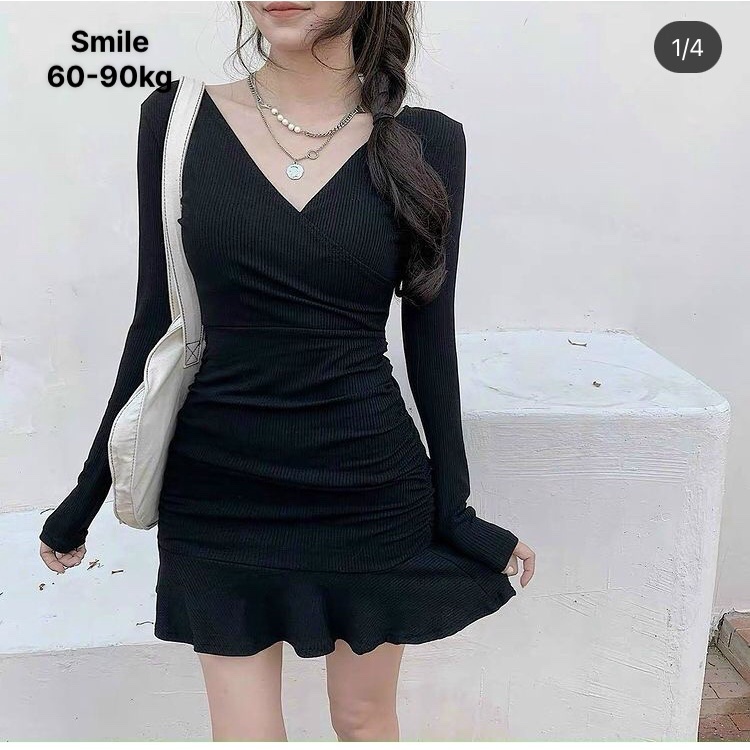 ĐẦM CỔ CHÉO V ĐUÔI CÁ TAY DÀI THUN GÂN BIGSIZE 60-90KG - DDC185