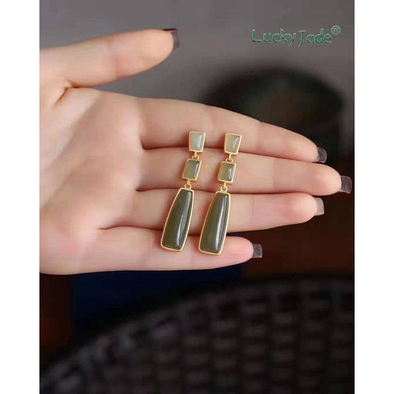 Bông Tai Bạc 925 Đính Đá Ngọc Bích Màu Xám Xanh Lá Phong Cách Retro Thời Trang