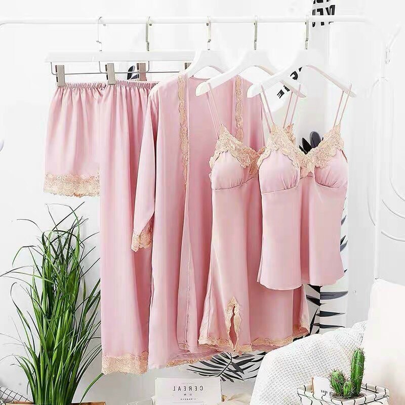 Váy Ngủ Sexy 2 Dây - Áo Choàng Ngủ KIMONO Lụa Satin Cao Cấp, Sét ngủ lụa 5 món qccc Kenshop0602