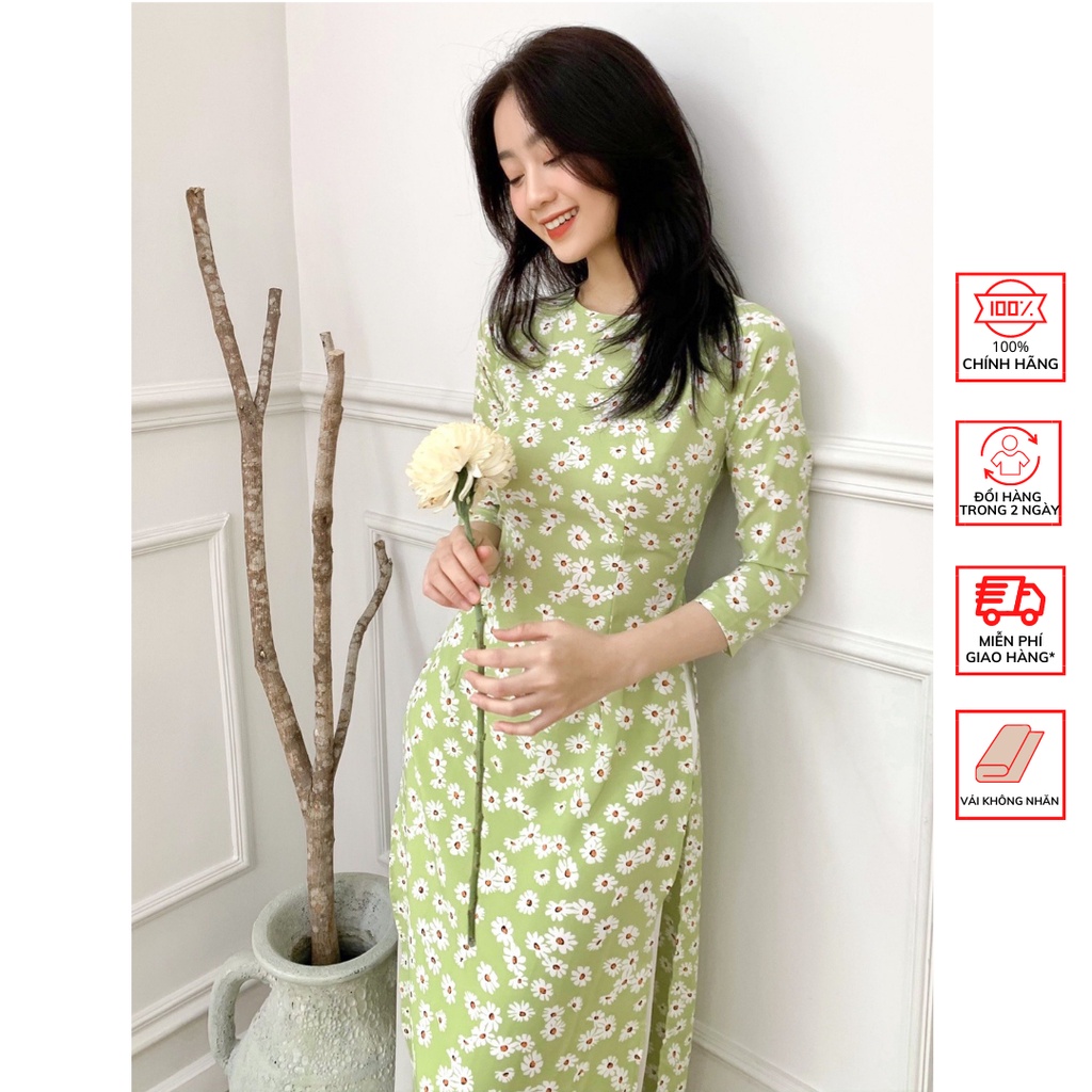 Áo Dài FOR HER Hoa Cúc Xanh Lá AD01573