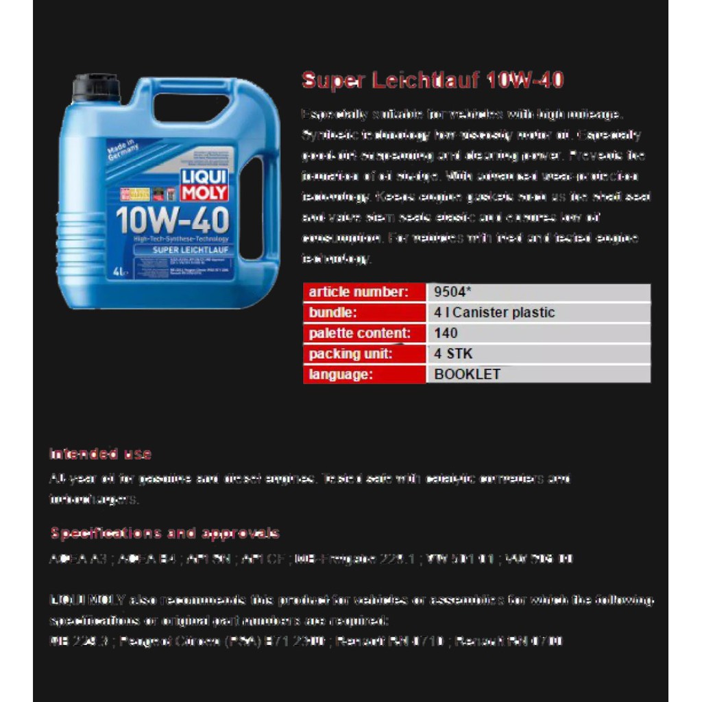 Dầu nhớt tổng hợp công nghệ cao Liqui Moly Super Leichtlauf 10W-40- 9504 -4 lít