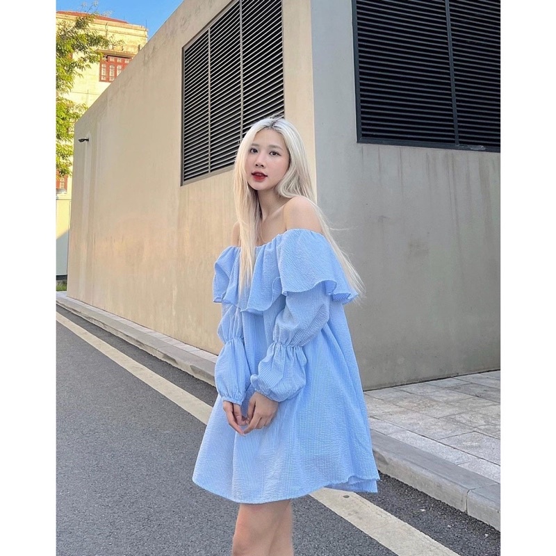 Áo váy TRỄ VAI bèo kẻ SỌC XANH dài tay bo chun tiểu thư điệu - Áo trễ vai dài tay kẻ sọc bèo nhún