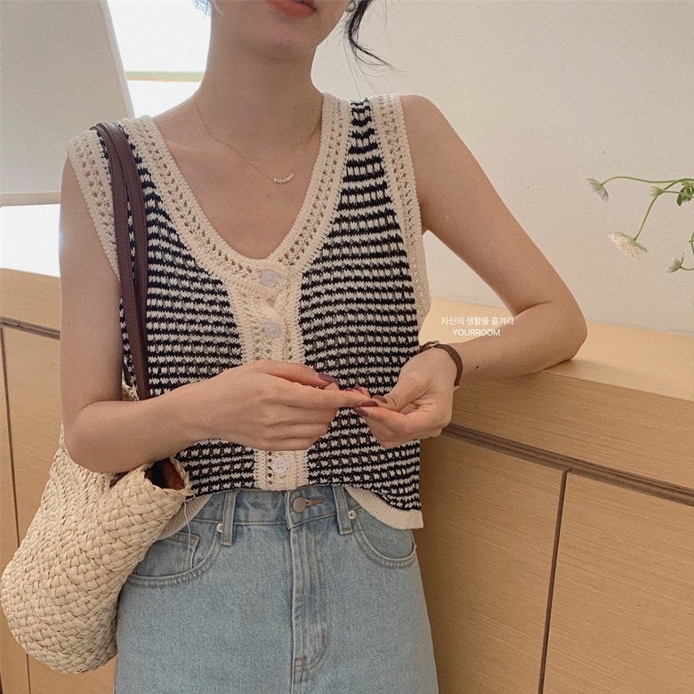 Áo Cardigan Không Tay Cổ Chữ V Màu Sắc Tương Phản Thời Trang Mùa Hè Cho Nữ