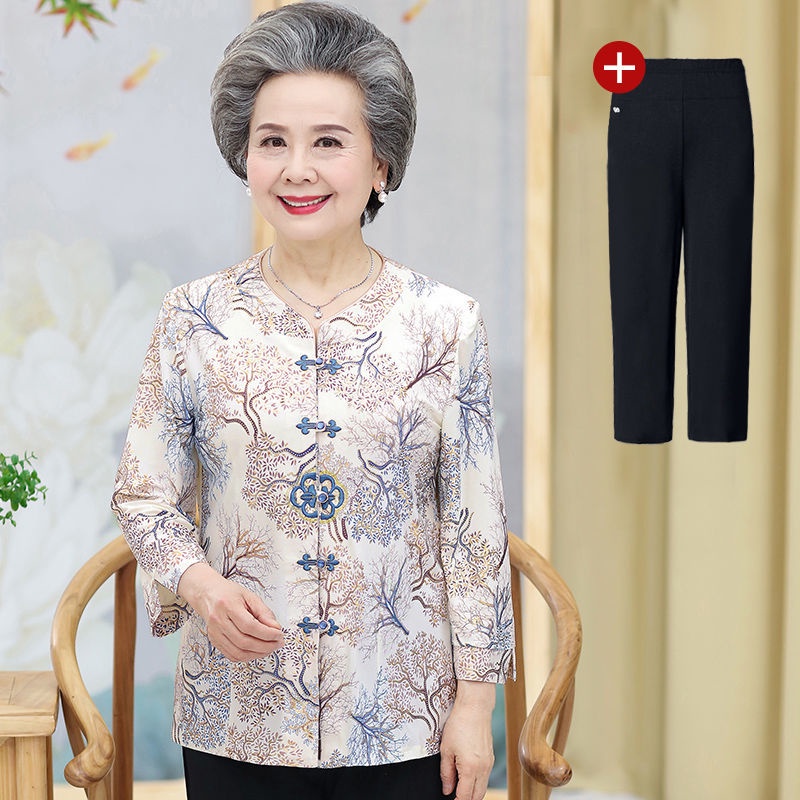 Bà ngoại mùa hè phù hợp với người trung niên và bà mẹ cao tuổi hàng đầu 60 tuổi 70 áo sơ mi mùa hè