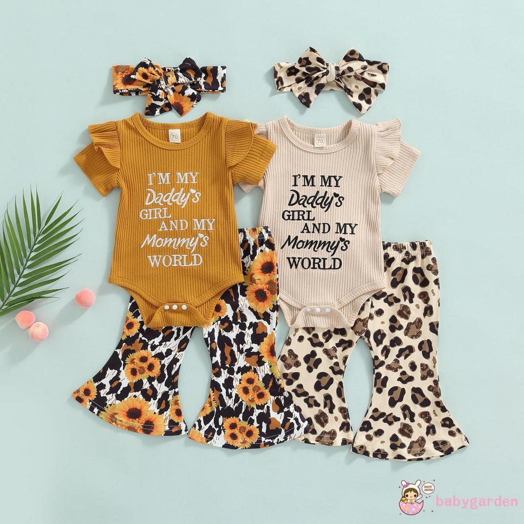 BABYGARDEN-0-18months Baby Girls Outfit, Sweet Style Letter Fly Sleeve Round Collar Jumpsuit + Leopard Print
