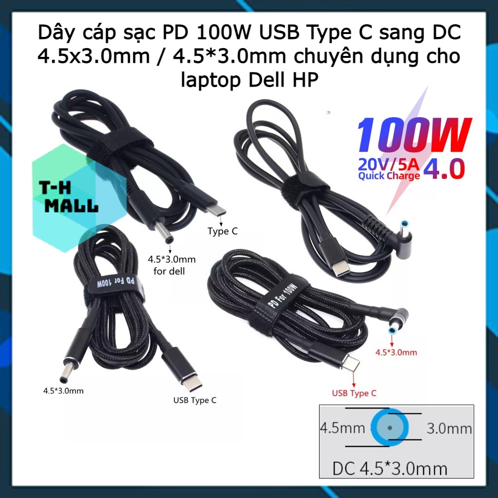Dây cáp sạc PD 100W USB Type C sang DC DC 4.5x3.0mm / 4.5*3.0mm chuyên dụng cho laptop Dell HP