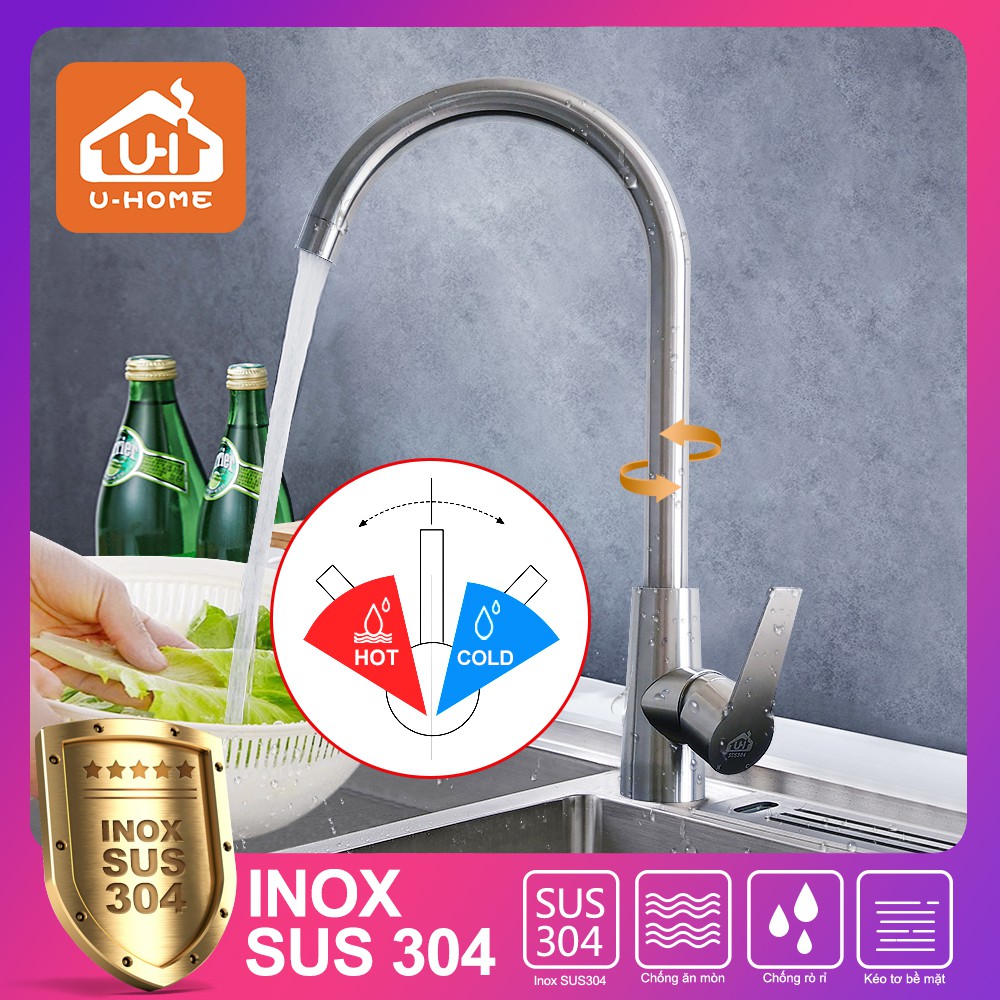 Vòi rửa chén nóng lạnh U-HOME Vòi Rửa Chén Bát Nóng Lạnh Inox 304 Cần Bẻ Lò Xo quay 360 SK30-203