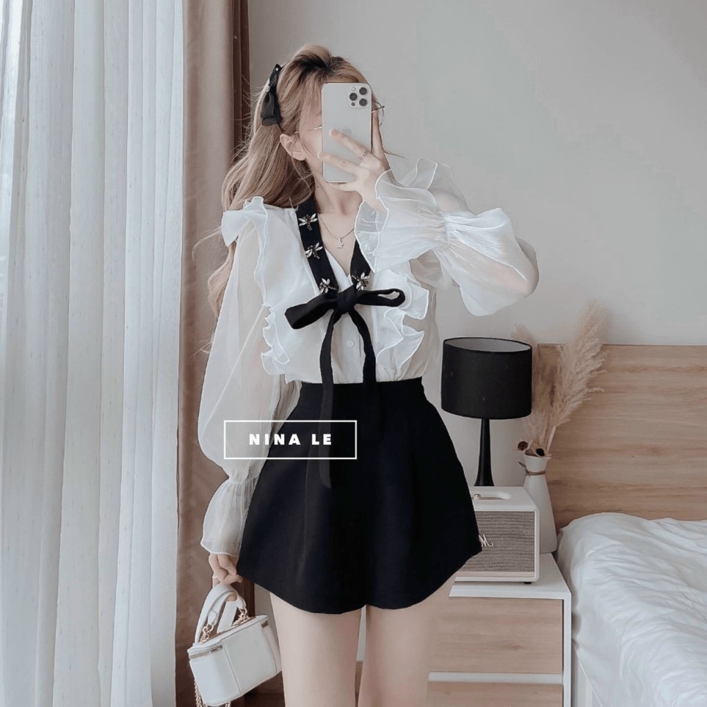 Sét Bộ Nữ 2 Món Áo Voan Tơ Có Lót Phối Dây Nơ Kết Hợp Quần Đùi Cotton Lạnh Mặc Đẹp Thời Trang Mới NEW UNISEX