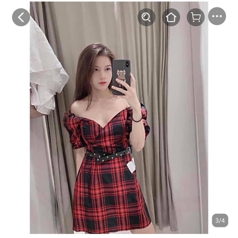 Đầm caro đỏ đen kèm đai