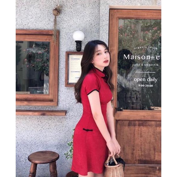 Đầm Nữ, Đầm đỏ sườn xám cách tân Trung Hoa siêu hot mua Tết V
