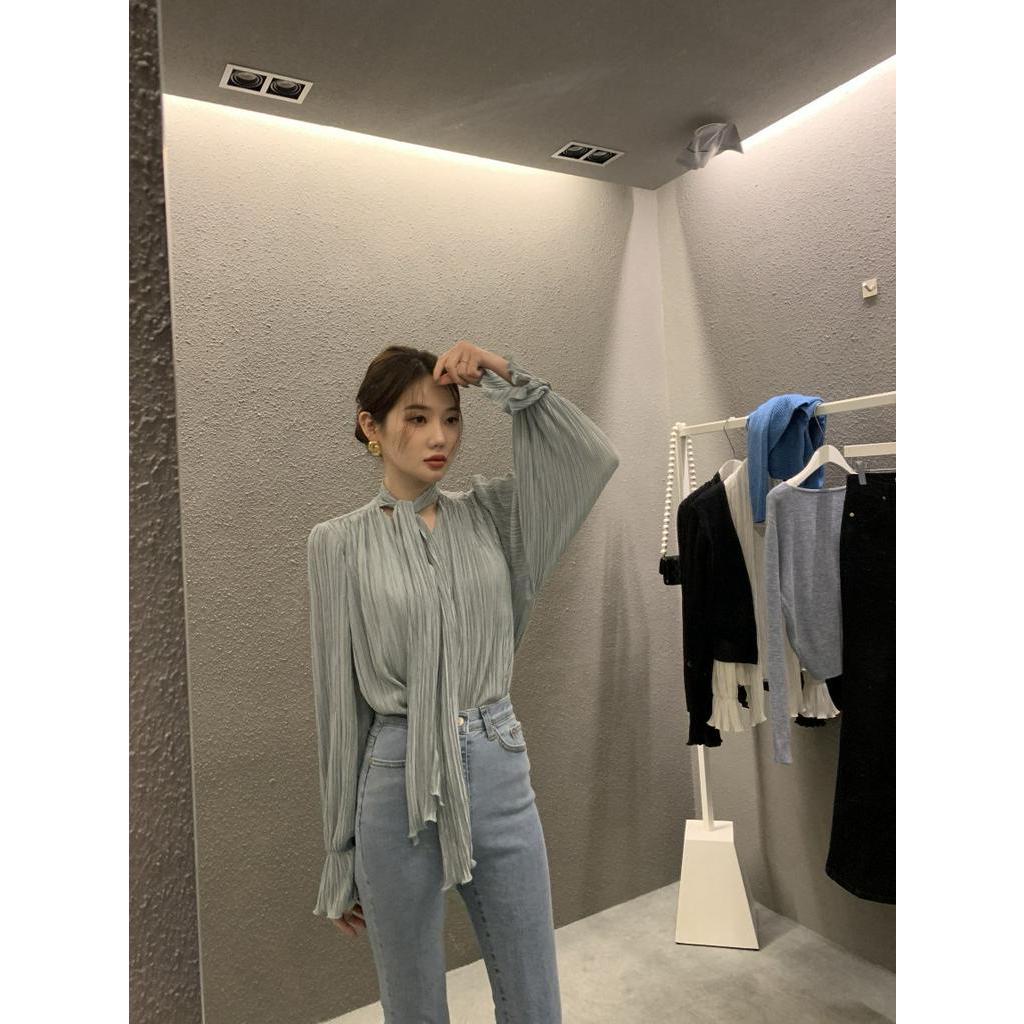 Áo Sơ Mi Dài Tay Thắt Dây Xếp Ly Màu Sắc Thời Trang 61386