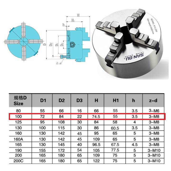 Mâm cặp 4 chấu K12-100 đường kính mâm cặp 100mm