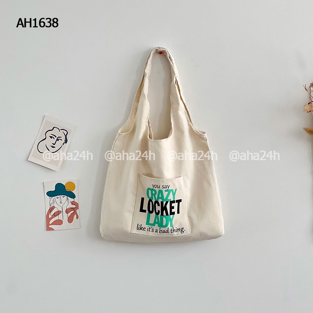 Túi tote vải canvas đi học đi chơi có túi nhỏ xinh in CRAZY LOCKET LADY AH1638