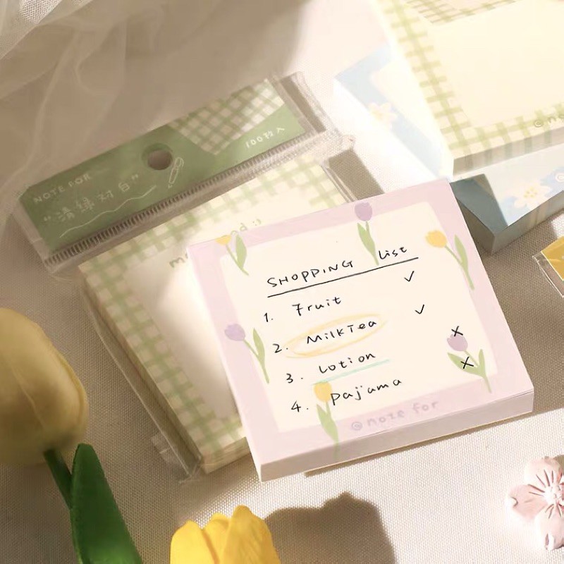 Tập 100 tờ giấy note ghi chú dày mịn hình hoa lá dễ thương phong cách Hàn Quốc