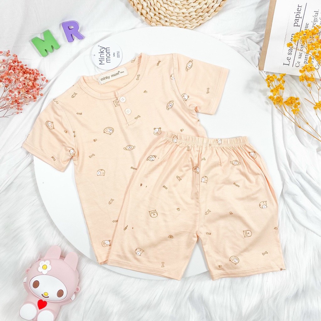 Bộ Cộc Tay Thun Lạnh Minky Mom Cổ Trụ Nền Màu In Họa Tiết Siêu Dễ Thương Cho Bé Unchi Store (QATE321)