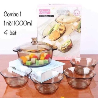 Bộ nồi thuỷ tinh và tô thuỷ tinh dùng được lò viba màu siêu xinh, sang trọng dùng trong nhà bếp