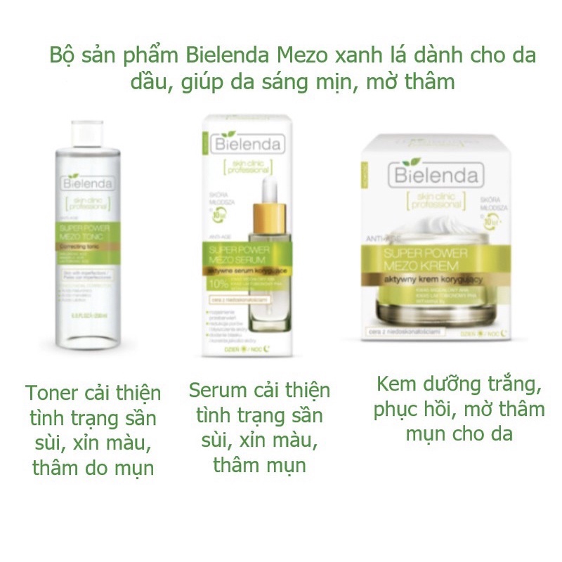 Bộ sản phẩm kem dưỡng, serum, toner Mezo xanh lá Bielenda cho da dầu mụn giúp da căng bóng, mịn màng